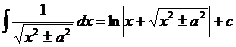 تكامل (1 / sqrt (x ^ 2 + - a ^ 2) * dx) = ln (abs (x + sqrt (x ^ 2 + - a ^ 2)) + c